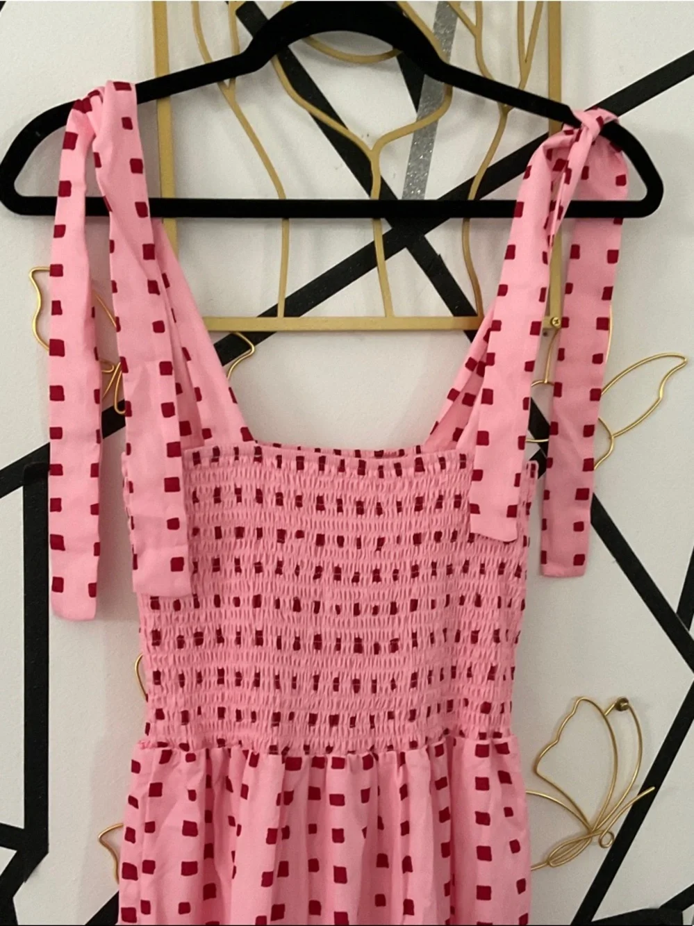Pink Square-Print Maxi Dress with Tie Straps - Picture 2 of 2